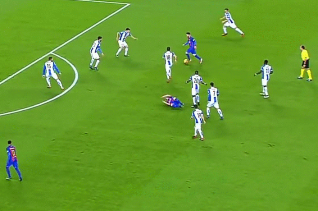 Lionel Messi dribbling through multiple defenders in tight space demonstrating advanced ball control skills